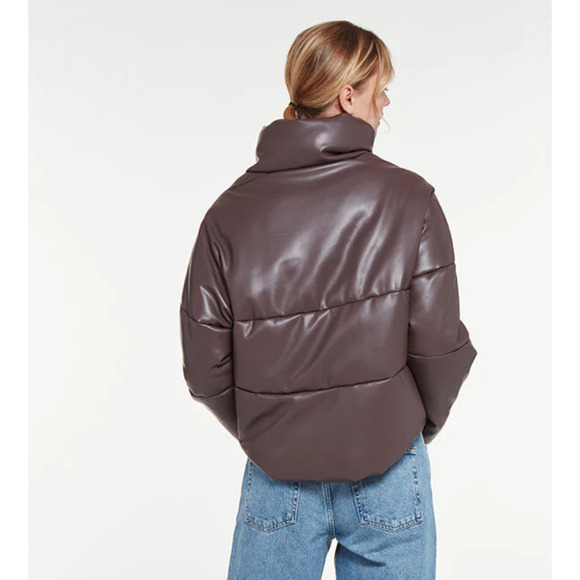 Apparis Jemma Puffer Jacket Cocoa Faux Leather Full Zip Funnel Neck Sz XL - Picture 5 of 16